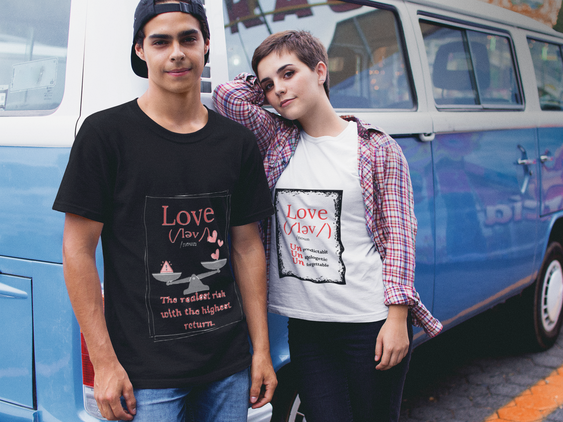 couple wearing different round neck tees mockup against a blue van a16443